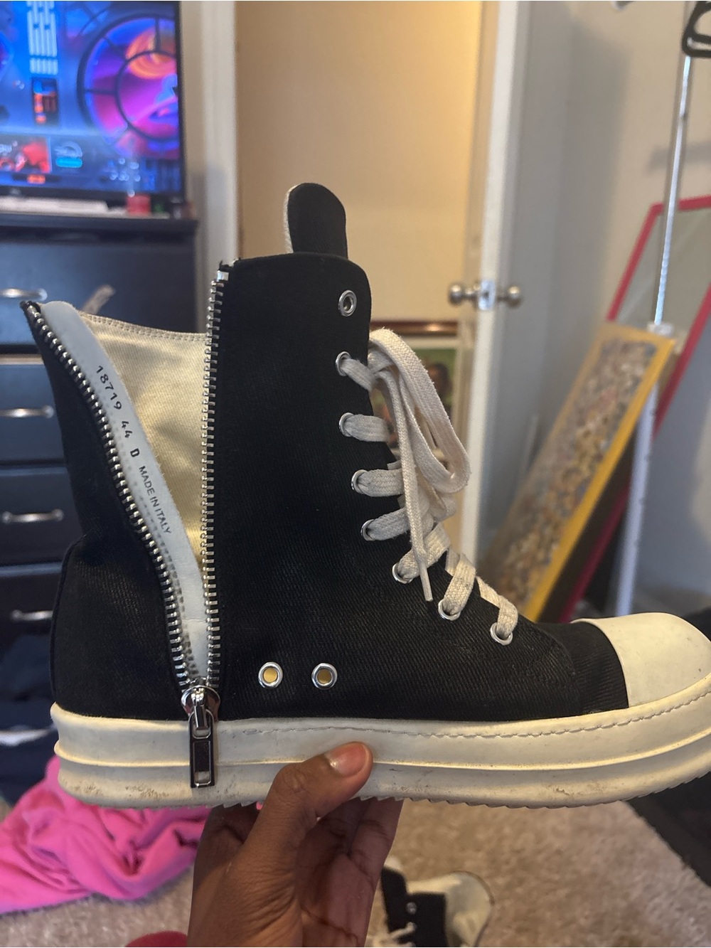 Rick Owens Black and White High-Top Zip-Detail Boots